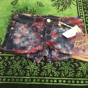 Tie-Dye Red and Blue Denim Shorts